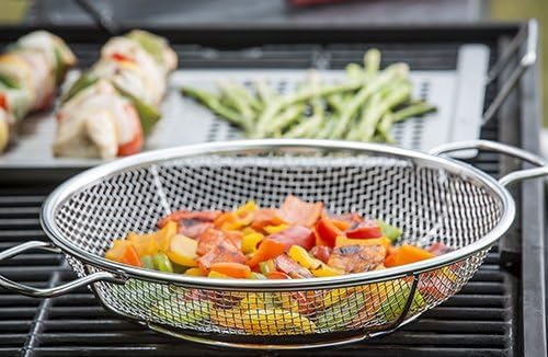 TableCraft BBQ Stainless Steel Cast Iron 16-Inch Round Grilling Basket, Small, Silver