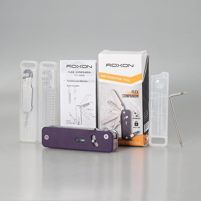 ROXON S503G 9 in 1 Mini Multi Tool EDC Pocket Knife Multitool with G10 Handle,Scissors,Screwdriver,Threader,Awl, Flat Screwdriver,Ruler,Tweezers for Outdoors Fishing Camping,Gifts for Men (Purple)