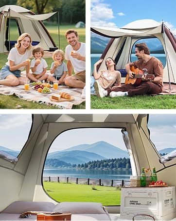 Cow-HQUS Camping Tents 4 Person, Pop Up Tents for Camping, Family Auto-Inflating Instant Pop Up Folding House with Screen Porch, Dome Large Inflatable Tents for Camping/Hiking/Beach(Solar Tent)