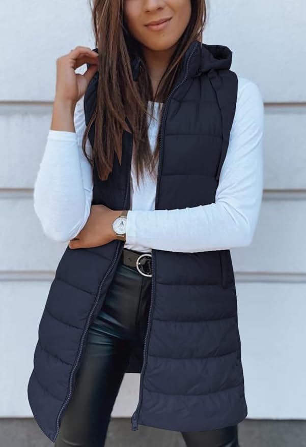 Veatzaer Women Long Vest Solid Color Sleeveless Hood Winter Puffer Vest Outwear