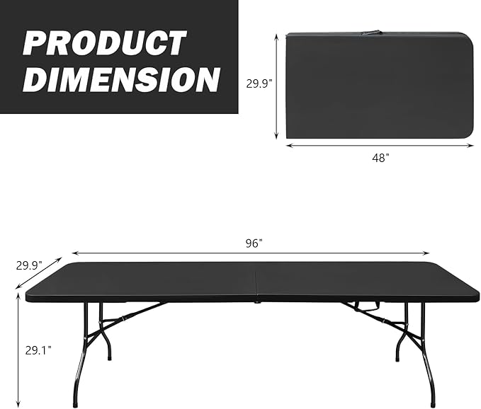 Portable Plastic Folding Table 4ft/6ft/8ft Heavy Duty White Black Picnic Dining Table Fold-in-Half for Camp Party Kitchen Indoor Outdoor