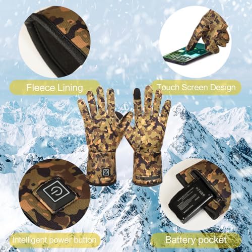 Heated Glove Liners for Men Women, Rechargeable Hand Warmers, Thin Camouflage Touchscreen Battery Electric Gloves