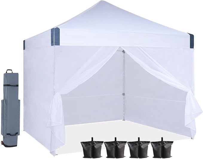 10x10 pop up Canopy Tent, Outdoor Patio Canopy Tent with sidewalls, Heavy Duty Commercial Instant Canopy Tent with Sand Bags for Deck, Party, Camping, Backyard, Playground, White