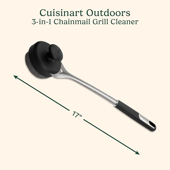 Cuisinart 3-in-1 Chainmail Grill Cleaner, Bristle-Free Dual Function Heavy-Duty Grill Brush with Removable Head, Worry-Free Stainless Steel Steam Clean BBQ Scrubber for Grills & Griddle