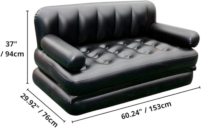 Folding Portable Inflatable Sofa Twin Bed, Lazy Flocking Queen Size Air Bed Mattress - Great for Pop Up Indoor Living Room and Outdoor Balcony, Backyard, Camping, Picnic, RV + Foot Pump (Black)
