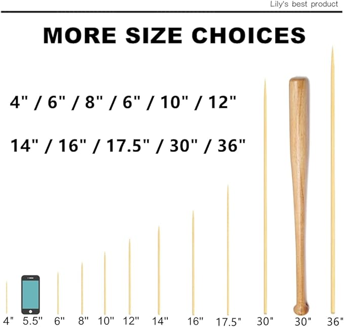HOPELF 6" Natural Bamboo Skewers for BBQ,Appetiser,Fruit,Cocktail,Kabob,Chocolate Fountain,Grilling,Barbecue,Kitchen,Crafting and Party. Φ=4mm, More Size Choices 8"/10"/12"/14"/16"/30"(100 PCS)