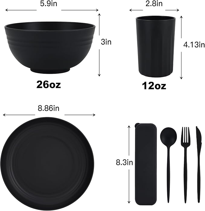 28-Piece Wheat Straw Dinnerware Sets, Microwave & Dishwasher Safe Unbreakable Dinnerware Set, Reusable Dishware Sets, Lightweight Camping Dishes, Plates, Cups, Cereal Bowls for 4οΌBlackοΌ