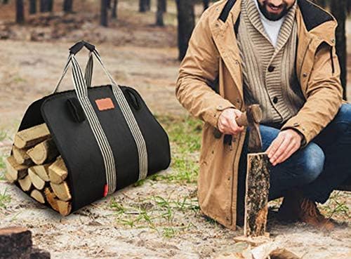 Indoor Heavy Firewood Log Carrier Tote, Oxford Canvas Fabric Foldable Wood Carrier Padded Handles, Outdoor Large Capacity Firewood Carrier Bag with Hook and Loop