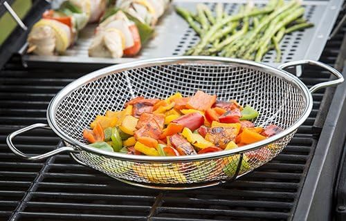TableCraft BBQ Stainless Steel Cast Iron 16-Inch Round Grilling Basket, Small, Silver