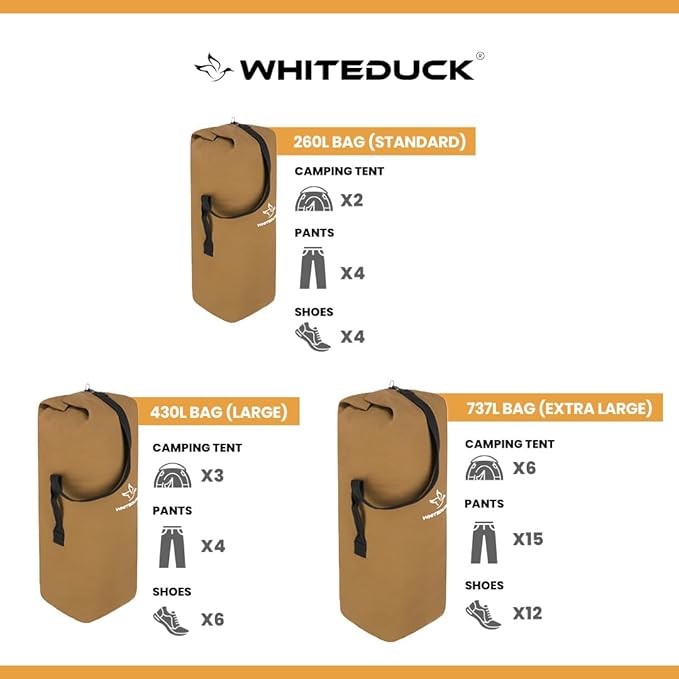 WHITEDUCK Top Load Canvas Folding Duffel Bag, Water Resistant Army Style Shoulder Bag for Men and Women- Gym, Sports, Travel, Hiking, Camping, Backpacking (Large 25" x 42",Olive)
