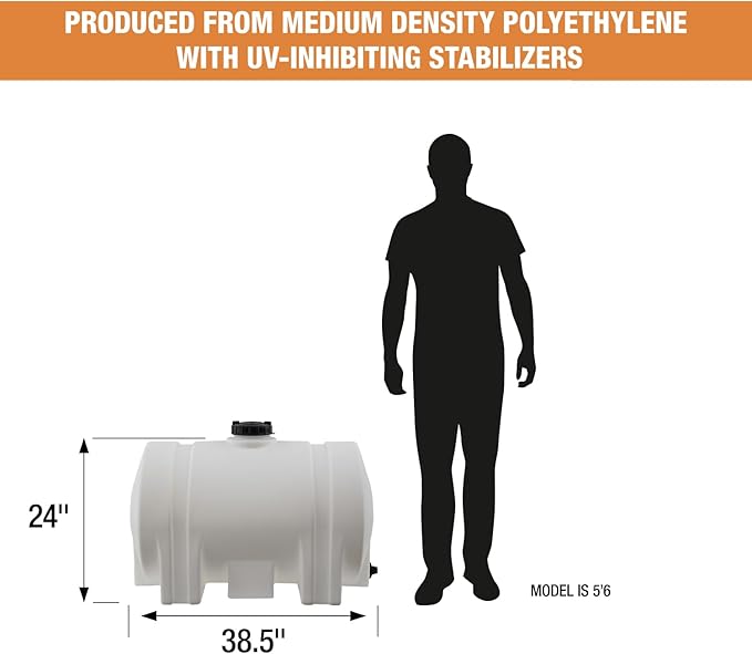 RomoTech 82123939 Horizontal Polyethylene Reservoir Water Tank w/Legs, 60 gal, Made In USA, Natural Poly Tank for Non-Flammable Liquids, UV-Resistant, Ideal for Agricultural Use, RV Water Storage