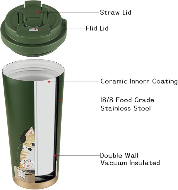 Funkrin Coffee Travel Mug with Straw & Flip Lid, 16oz Insulated Tumbler Cup with Ceramic Coating, Double Wall Vacuum Leak-Proof Mug for Office School Party Camping