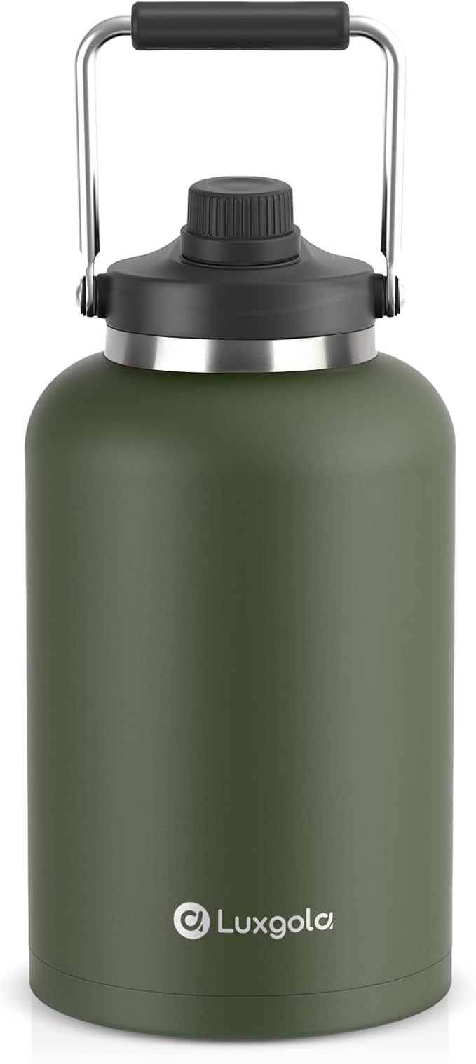 128 oz Insulated Water Bottle with Spout Lid and Handle, One Gallon Stainless Steel Double Vacuum Water Jug for Hot & Cold Drinks - Sweat Proof, Great for Travel, Hiking, Camping - Olive Green
