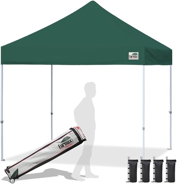 Eurmax USA Standard 10x10ft Patio Pop Up Canopy Tent for Outdoor Events Commercial Instant Canopies with Heavy Duty Roller Bag,Bonus 4 Canopy Sand Bags (Forest Green)