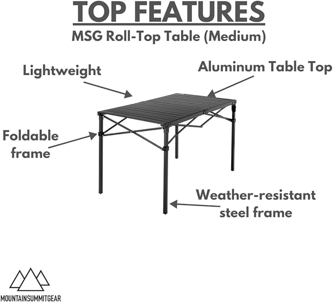 Heavy-Duty Roll-Top Table for Camping - Portable Aluminum-Top Folding Table with Steel Frame by Caddis Sports (Medium)