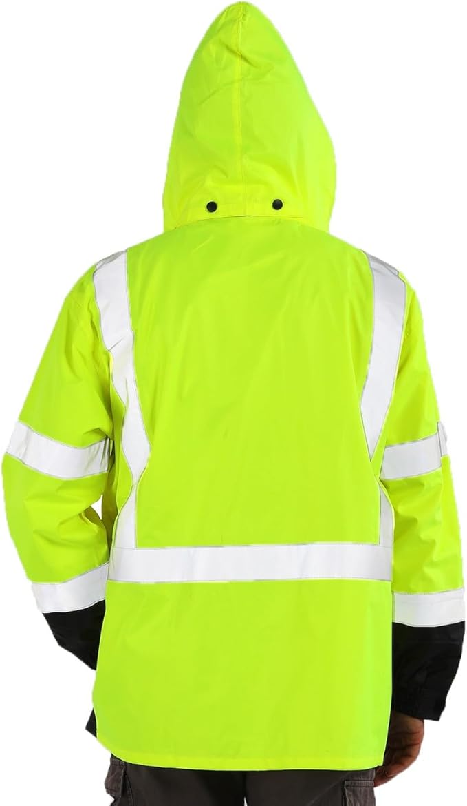 High Vis Rain Jacket, Rain Suits for Men Waterproof with Black Bottom, Class 3 Rain Coats for Men Interior Mesh, High Visibility Rain Gear, Removable Hood Orange (4XL/5XL)