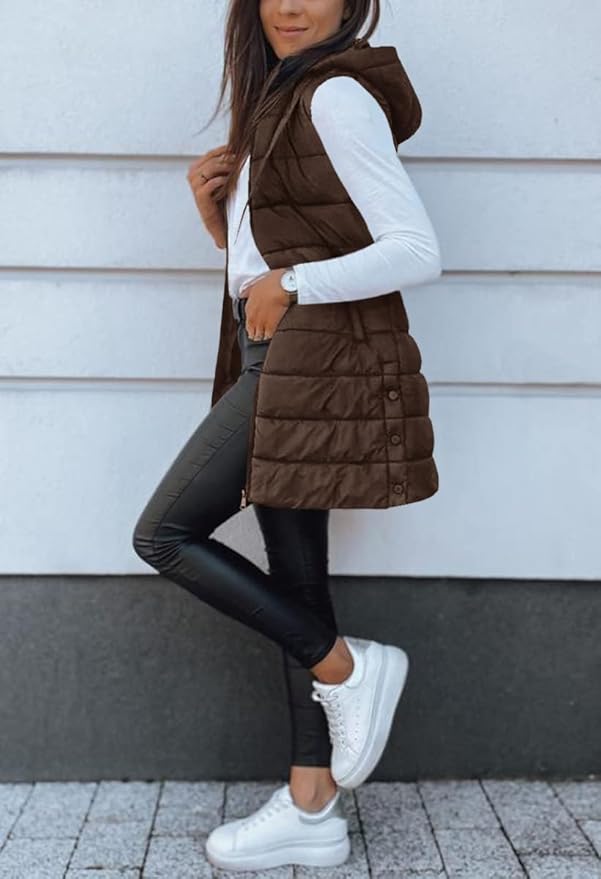 Veatzaer Women Long Vest Solid Color Sleeveless Hood Winter Puffer Vest Outwear