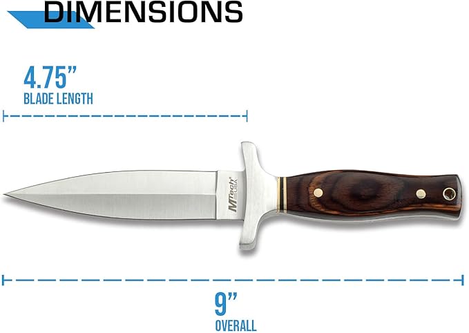 MTech USA – Fixed Blade Knife – Satin Finish Stainless Steel Blade, Brown Wood Handle with Stainless Steel Bolster, Includes Nylon Sheath - Hunting, Camping, Survival, Tactical – MT-20-03