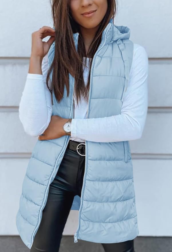 Veatzaer Women Long Vest Solid Color Sleeveless Hood Winter Puffer Vest Outwear