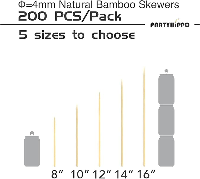 Natural Bamboo Skewers 14” Φ=4mm,(200 PCS) for BBQ,Appetiser,Fruit,Cocktail,Kabob,Chocolate Fountain,Grilling,Barbecue,Kitchen,Crafting and Party. More Size Choices /8"/10"/12"/14"/16"(14")