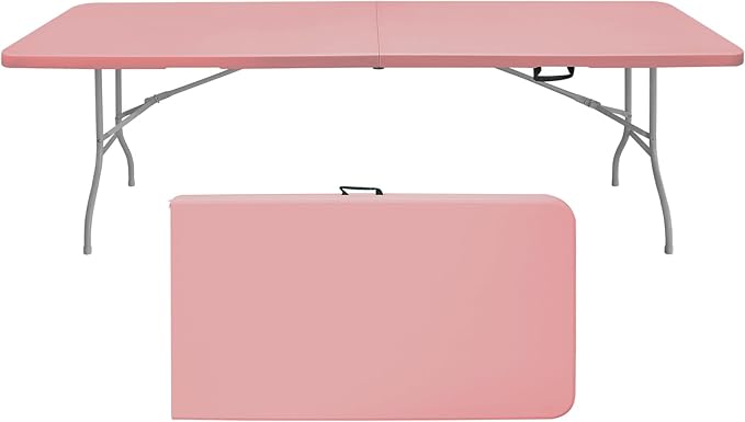 Portable Plastic Folding Table 4ft/6ft/8ft Heavy Duty White Black Picnic Dining Table Fold-in-Half for Camp Party Kitchen Indoor Outdoor (Pink, 8FT)