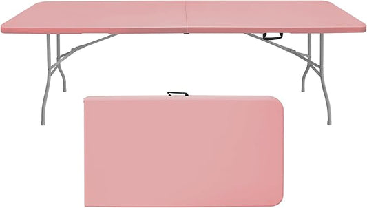Portable Plastic Folding Table 4ft/6ft/8ft Heavy Duty White Black Picnic Dining Table Fold-in-Half for Camp Party Kitchen Indoor Outdoor (Pink, 8FT)