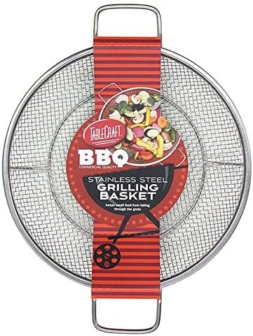 TableCraft BBQ Stainless Steel Cast Iron 16-Inch Round Grilling Basket, Small, Silver
