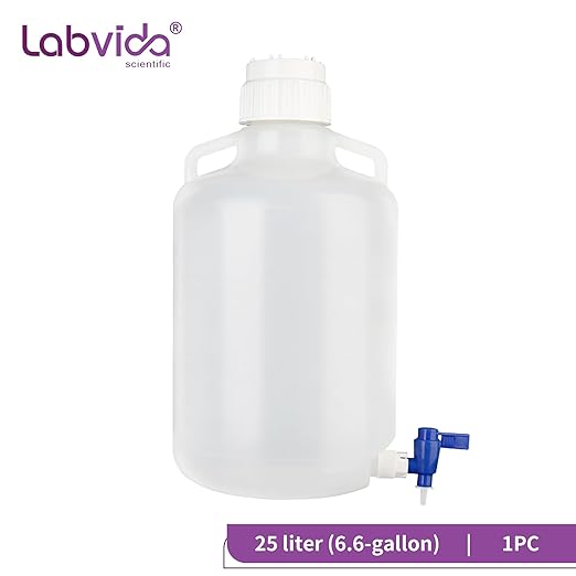 25L (6.6 Gallon) Round Carboys with Spigot, Lifting Handle, Autoclavable PP Material, Heavy Duty Can for Liquid Storage, LVAA004
