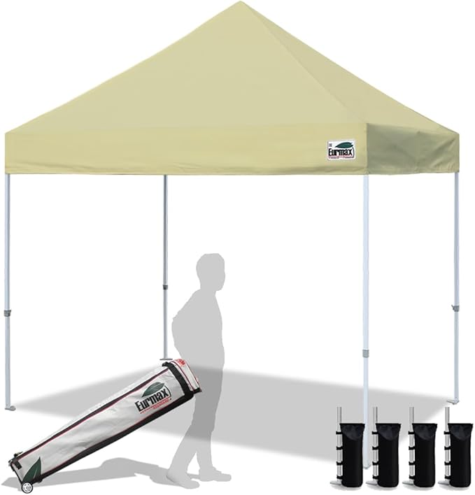 Eurmax USA Standard 10x10ft Patio Pop Up Canopy Tent for Outdoor Events Commercial Instant Canopies with Heavy Duty Roller Bag,Bonus 4 Canopy Sand Bags(Beige)