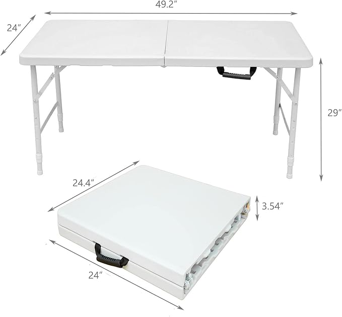 Portable Plastic Folding Table 4ft/6ft/8ft Heavy Duty White Black Picnic Dining Table Fold-in-Half for Camp Party Kitchen Indoor Outdoor (White, 4FT)