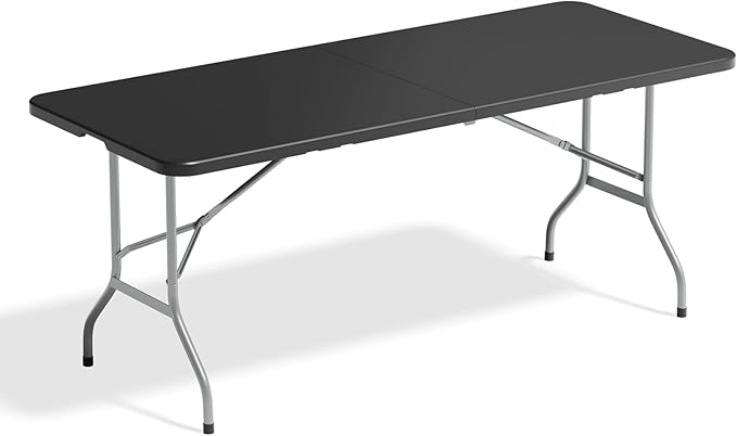 72' Folding Table, Collapsible Camping Table, Rectangular Picnic Table with Steel Frame, Stable Legs Design, Easy Carry and Storage, Plastic Outdoor Folding Tables for Indoor Outdoor, Black