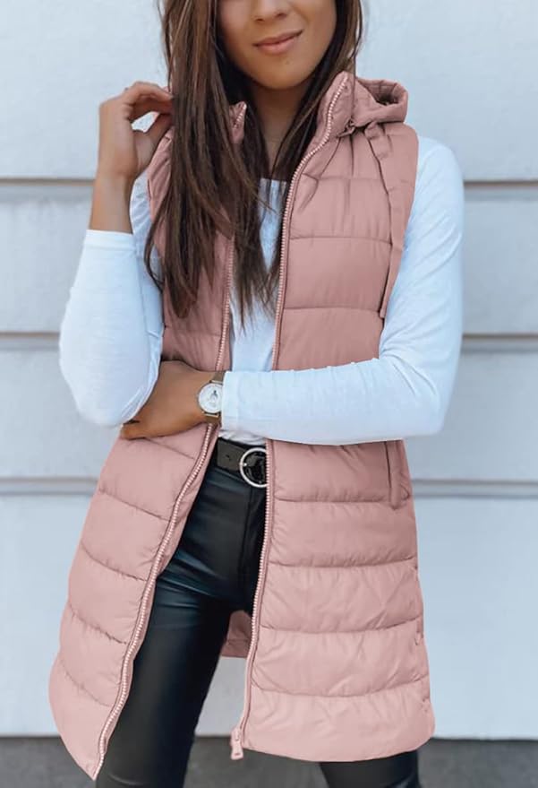 Veatzaer Women Long Vest Solid Color Sleeveless Hood Winter Puffer Vest Outwear