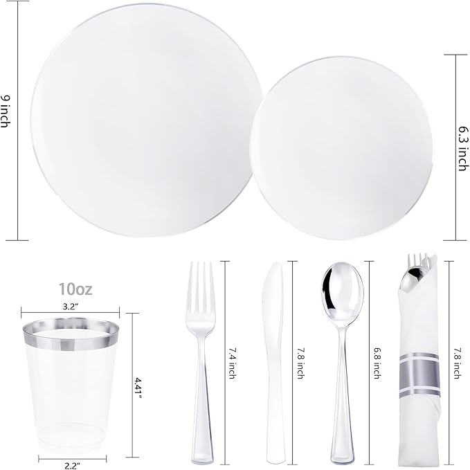 KIRE 350 PCS Plastic Dinnerware Set for 50 Guests, Silver Plastic Plates Include 50 Dinner, 50 Dessert Plates, 50 Pre Rolled Napkins with Silverware, 50 Cups for Wedding, Party, Banqet, Gathering