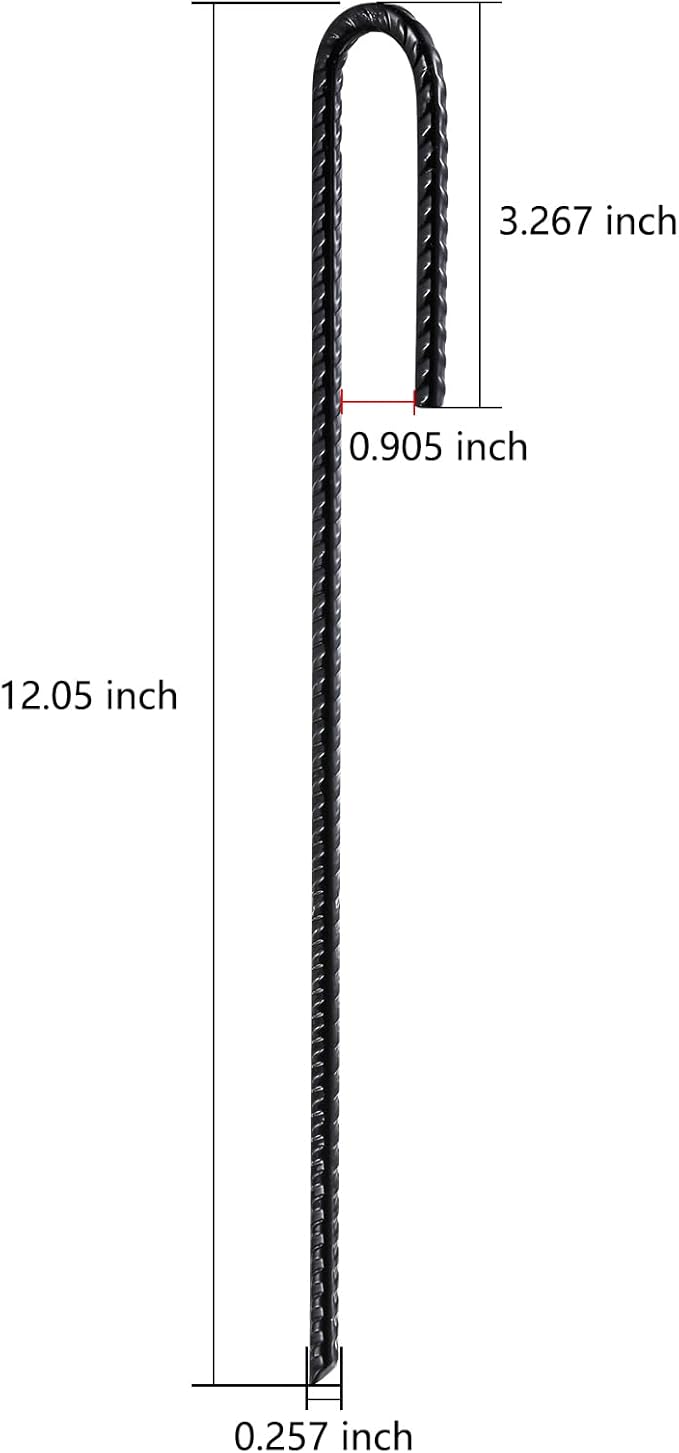 Rebar Stakes U/J Hook Extra Heavy Duty,(50pcs) 12 inch x 1/4 inch Rust Proof Coated Steel Ground Stakes Ground Anchors, Garden Stake Metal Stakes Tent Stakes Trampoline Anchors (J-Hook)
