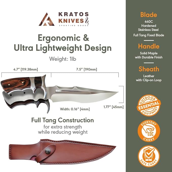 Kratos Hunting Knife with Sheath, 12.2" Survival Knife Full Tang Knife, 440 Stainless Steel Fixed Blade Hunting Knives with Wood Handle ZF11