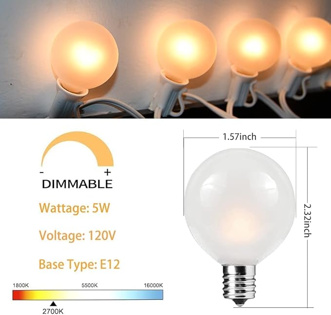 25Ft Outdoor White Frosted String Lights with 27 G40 Frosted Bulbs,E12 Socket Base,Waterproof Connectable Hanging Lights for Backyard Wedding Porch Bistro Party Valentine's Day Decor,White Wire