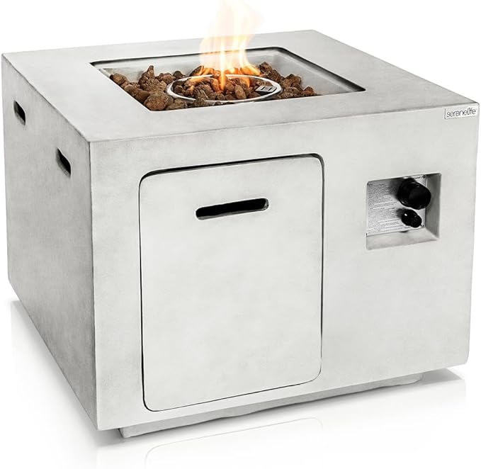 SereneLife Propane Gas Fire Pit Table - 40,000 BTU Outdoor Square Firepit with Lava Rocks, Cover, Adjustable Flame Height, and Weather-Resistant Design - Perfect for Backyard or Patio