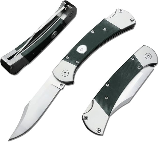 push button assisted opening Folding Knife,440C Stainless Steel Blade, Backlock G10 Handle with Leather Sheath, EDC Pocket Knives for Men (Green)