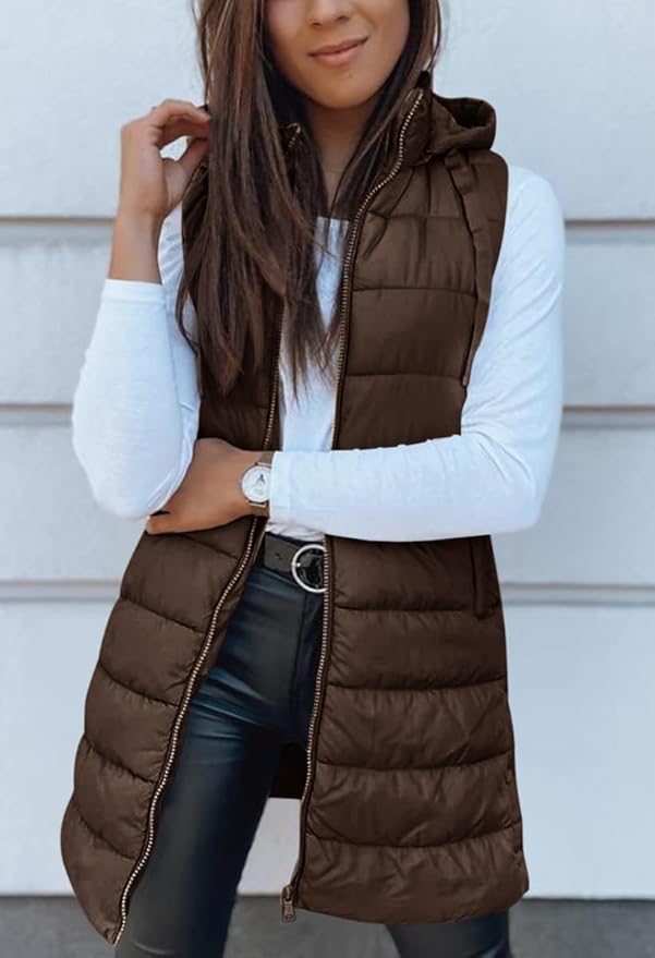 Veatzaer Women Long Vest Solid Color Sleeveless Hood Winter Puffer Vest Outwear