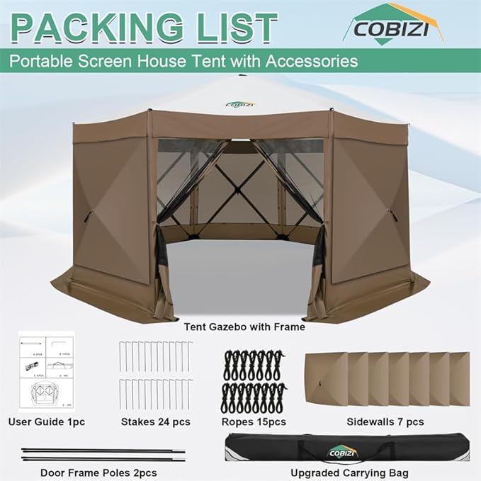 COBIZI 15x15ft Extra Large Pop-Up Gazebo Canopy Tent with Mosquito Netting, Spacious Easy Set-Up Screened Shelter, Durable Outdoor Pavilion with Ground Stakes, Perfect for Patio, Backyard, Brown