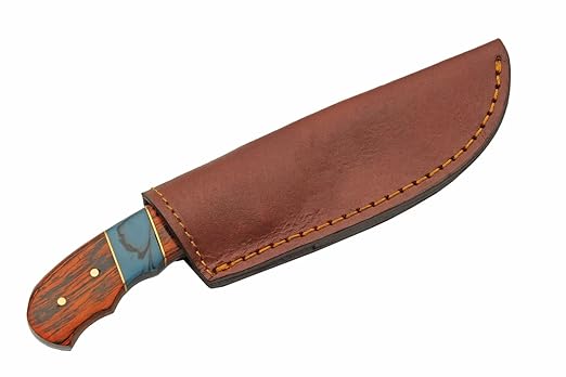 SZCO Full Tang Hunting Knife 8 Inch - Pocket Knife with Stainless Steel Blade, Burnt Orange Resin/Wood Handle & Leather Sheath - Camping Knife for Hunting and Hiking for Men