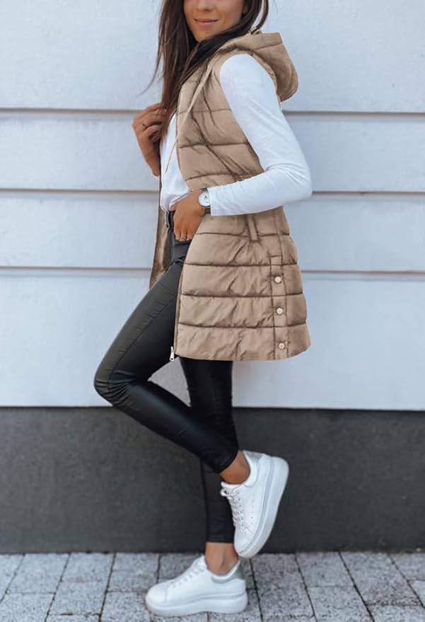 Veatzaer Women Long Vest Solid Color Sleeveless Hood Winter Puffer Vest Outwear