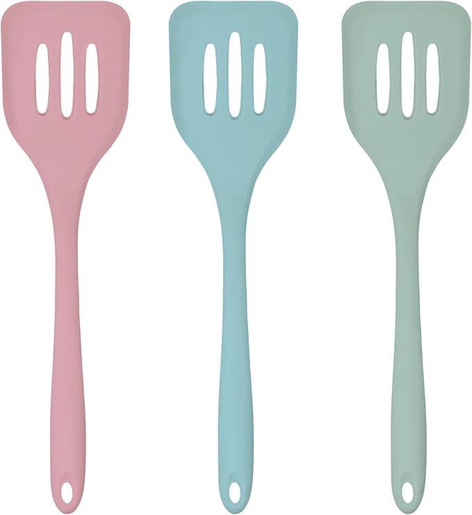 3 Pcs Colorful Silicone Slotted Turner Set, Heat Resistant Non-Scratch Kitchen Spatula Flipper with Comfortable Handle for Non-Stick Cookware