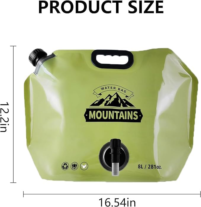 Collapsible 8L Water Storage Bag, BPA-Free Portable Folding Water Jug with Adjustable Faucet, Leakproof Emergency Water Bag for Camping, Hiking, Riding, Outdoor Sport 1green+1Beige