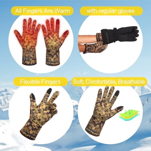 Heated Glove Liners for Men Women, Rechargeable Hand Warmers, Thin Camouflage Touchscreen Battery Electric Gloves