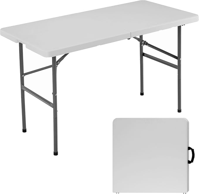 Simple Deluxe 4 FT Foldable Table with Built in Handle & Steel Legs, Heavy Duty Portable Table, Folding Table Outdoor Indoor with Carrying Handle for Camping, Picnic, Party, White