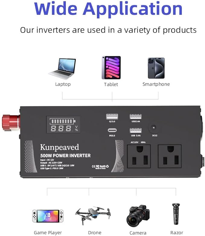 500W Power Inverter DC 12V to 110V Car Charger Converter with Dual USB Ports and 2 AC Outlets for Air Compressor Laptops, Road Trip Accessories (Black)