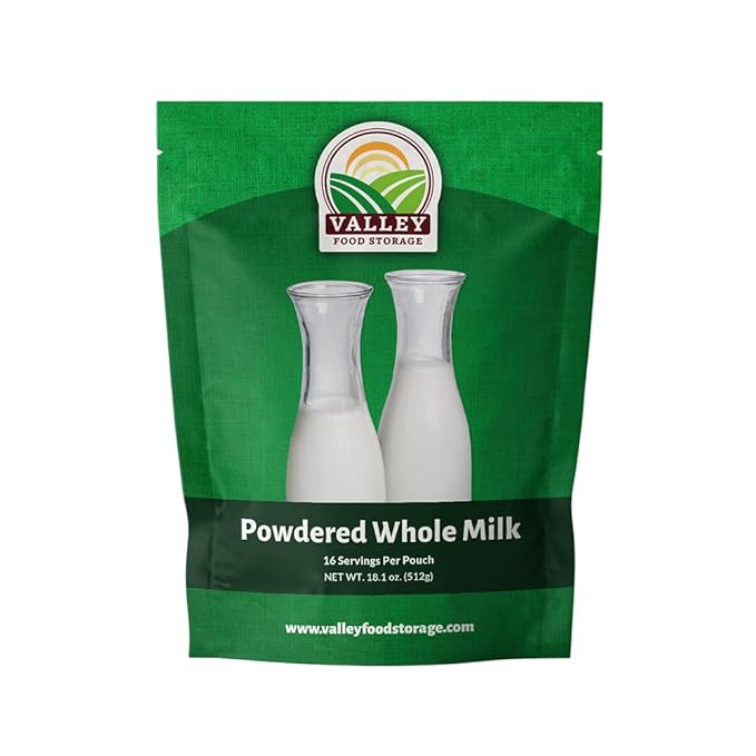 Valley Food Storage Whole Milk Powder | Contains Vitamin A & Vitamin D | Powdered Milk Long Term Storage, 25 Year Shelf Life | Camping Food, Backpacking Meals, Prepper Supplies (10 Bags + Bucket)
