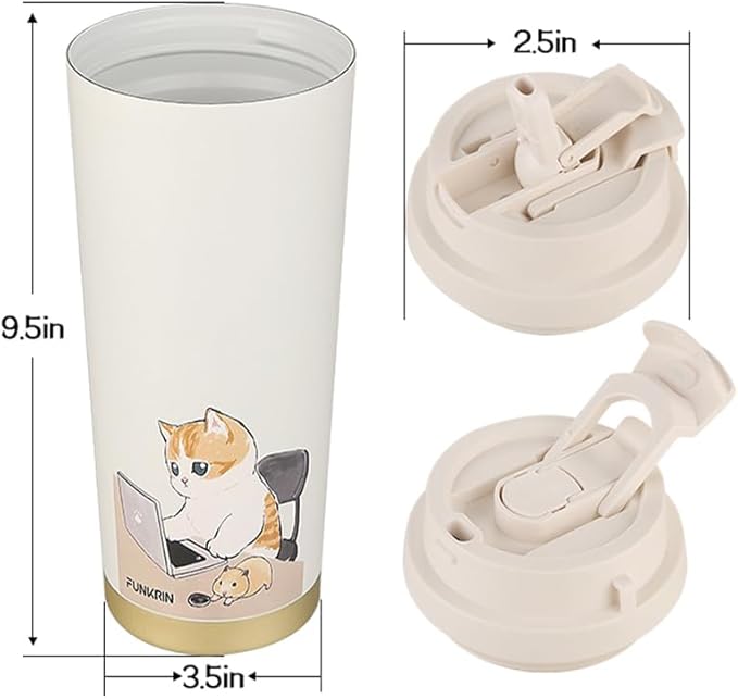 Funkrin Coffee Travel Mug with Straw & Flip Lid, 16oz Insulated Tumbler Cup with Ceramic Coating, Double Wall Vacuum Leak-Proof Mug for Office School Party Camping