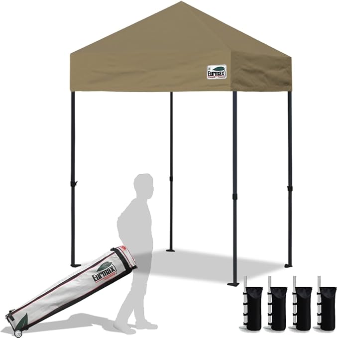 Eurmax USA 5'x5' Pop Up Canopy Tent Commercial Instant Canopies with Heavy Duty Roller Bag,Bonus 4 Sand Weights Bags (Khaki)
